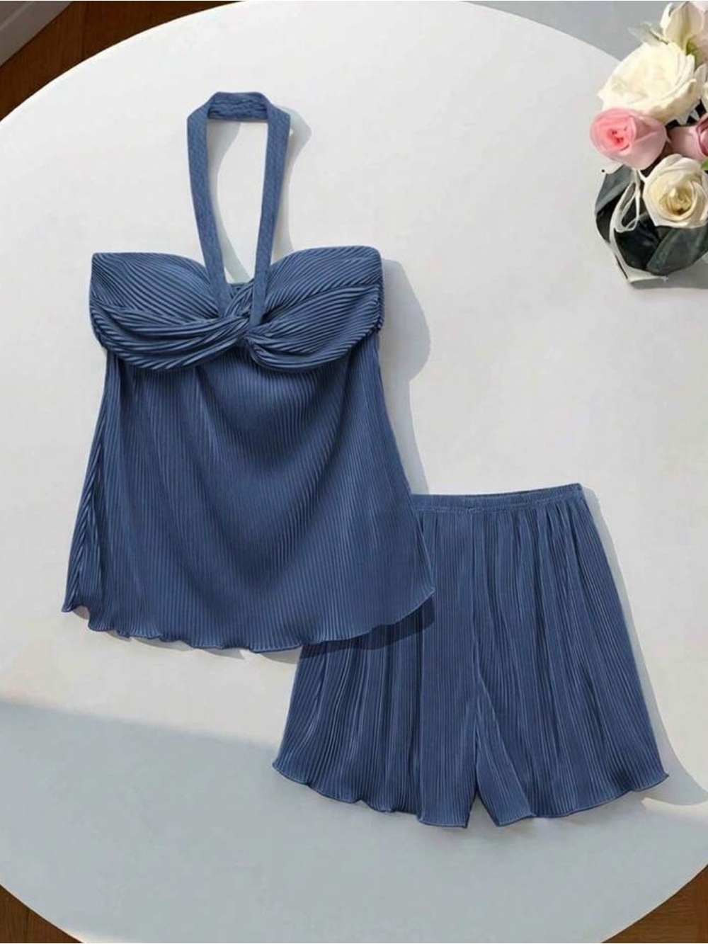 SHEIN Blue Pleated Halter Knot-Front Cami & Shorts
